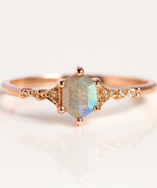 Natural Labradorite Engagement Ring – Hexagon Blue Fire Stone 925 Sterling Silver Dainty Promise Ring
