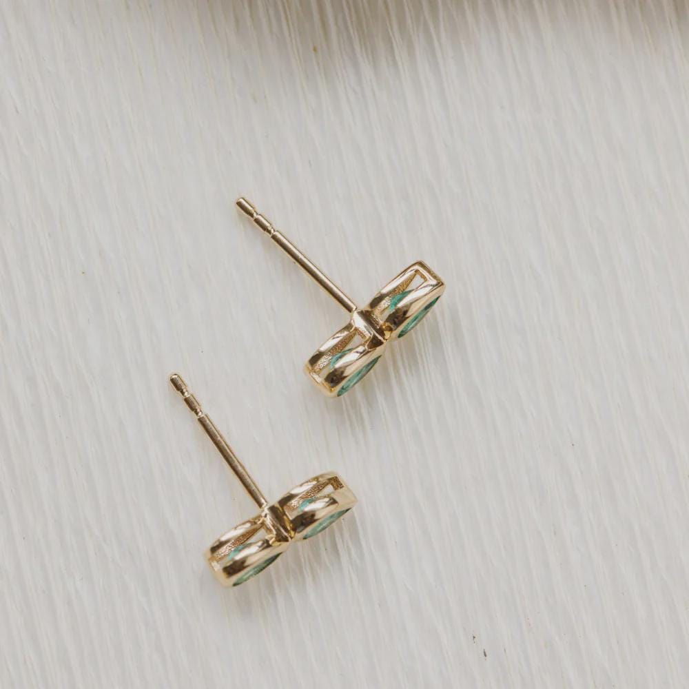 Emerald Duo Pear Stud Earrings, Solid 14k Gold Two Stone Piercing, Minimalist Pear Cut Emerald Earrings for Women, May Birthstone Gift