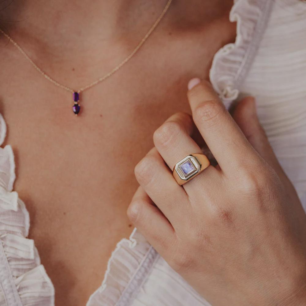 Square Cut Moonstone Signet Ring Silver Wide Band | Anima jewels