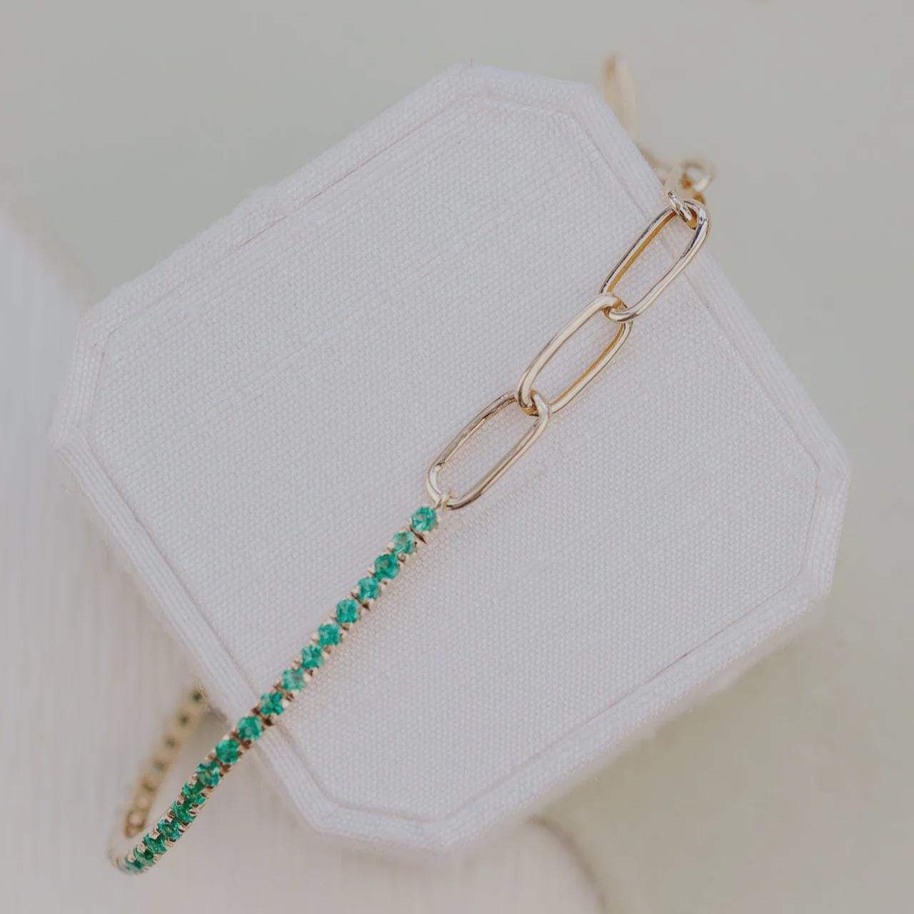 Emerald Tennis and Paperclip Mixed Link Bracelet in 14k Gold Plated Silver | Anima Jewels