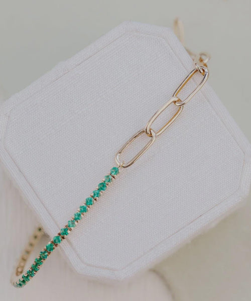Emerald Tennis and Paperclip Mixed Link Bracelet in 14k Gold Plated Silver | Anima Jewels