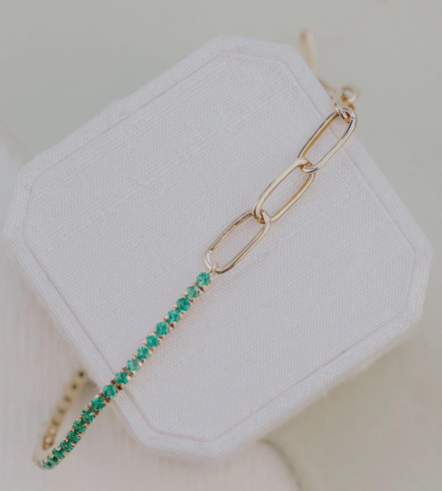 Emerald Tennis and Paperclip Mixed Link Bracelet in 14k Gold Plated Silver | Anima Jewels