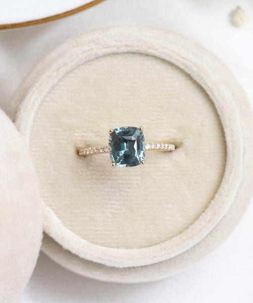 Cushion Cut Montana Sapphire Ring | 14k Solid Gold Double Band | Anima jewels