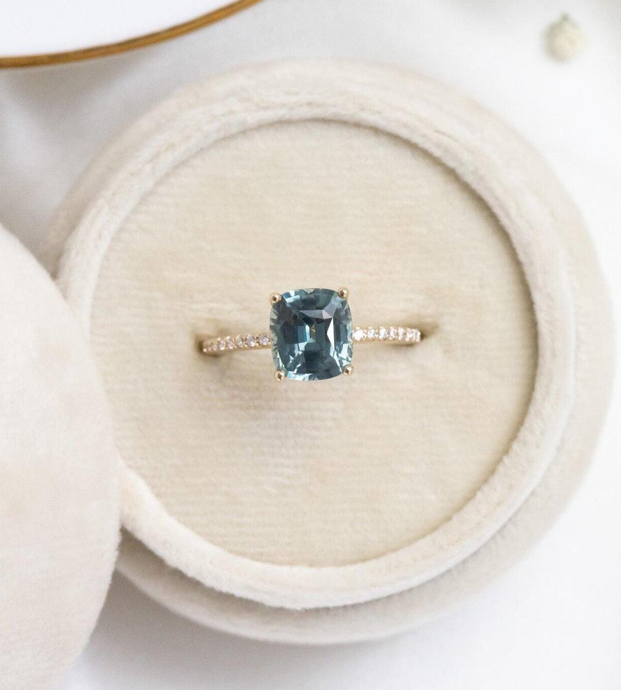 Cushion Cut Montana Sapphire Ring | 14k Solid Gold Double Band | Anima jewels