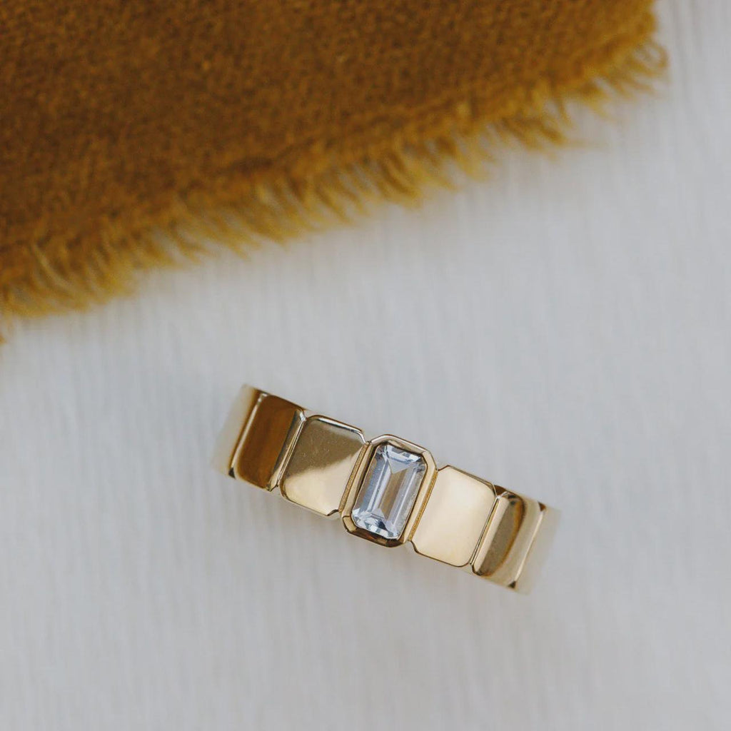 Emerald Cut Aquamarine Cigar Band Wide Gold Statement Ring | Anima jewels