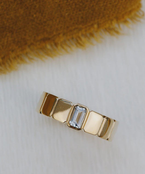Emerald Cut Aquamarine Cigar Band Wide Gold Statement Ring | Anima jewels