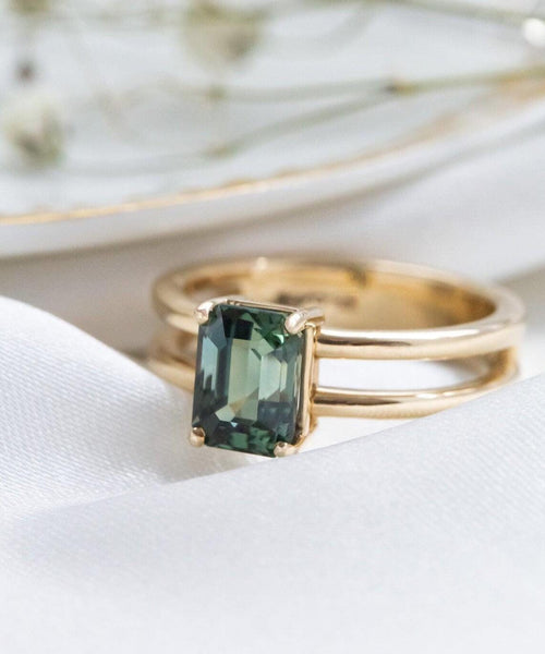 Montana Sapphire Emerald Cut Ring 14k Gold Double Band | Anima jewels
