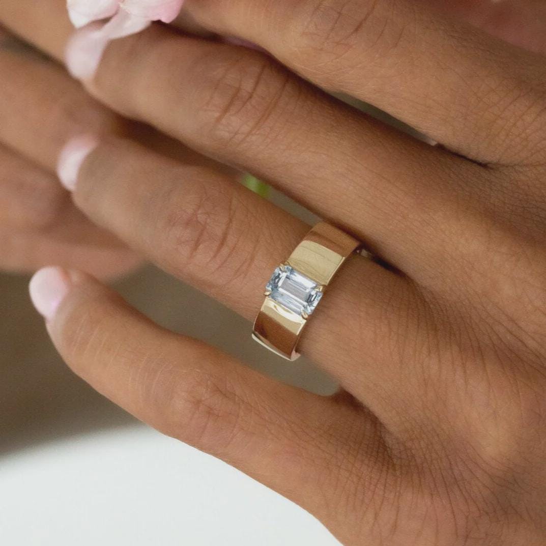 Emerald Cut Aquamarine Cigar Band Silver Statement Ring | Anima jewels