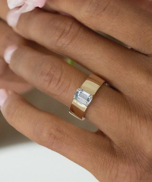 Emerald Cut Aquamarine Cigar Band Silver Statement Ring | Anima jewels
