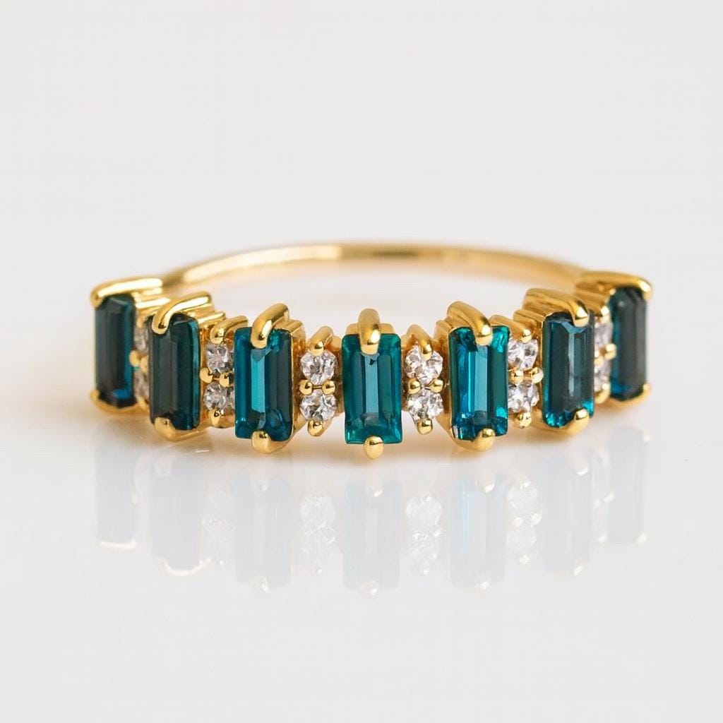 Baguette London Blue Topaz Wedding Band | Diamond Half Eternity Ring | Anima jewels