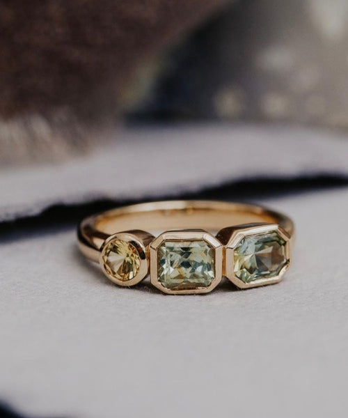 Montana Sapphire Three-Stone Bezel Ring Silver Engagement Band | Anima jewels