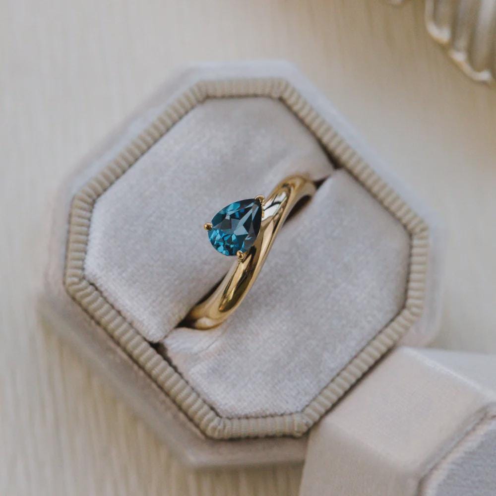 Pear Cut London Blue Topaz Solitaire Silver Engagement Ring | Anima jewels