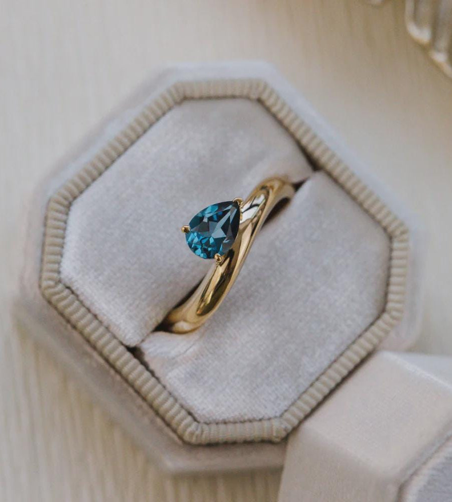 Pear Cut London Blue Topaz Solitaire Silver Engagement Ring | Anima jewels