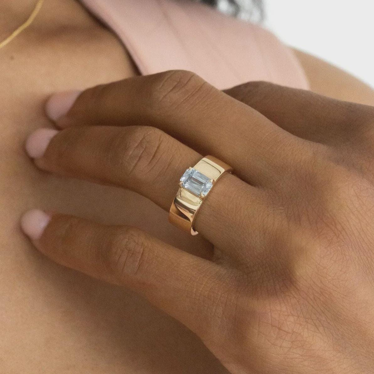 Emerald Cut Aquamarine Cigar Band Silver Statement Ring | Anima jewels