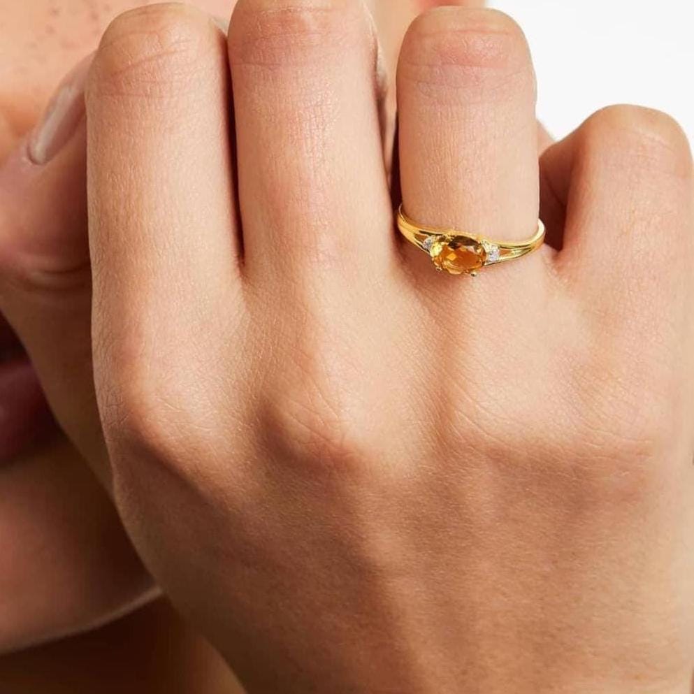 Citrine Oval Halo Dainty Silver Ring | November Birthstone Band | Anima jewels