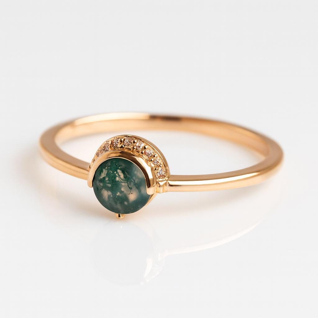 Moss Agate Ring with Diamond Accents | 925 Sterling Silver Engagement Ring | Anima