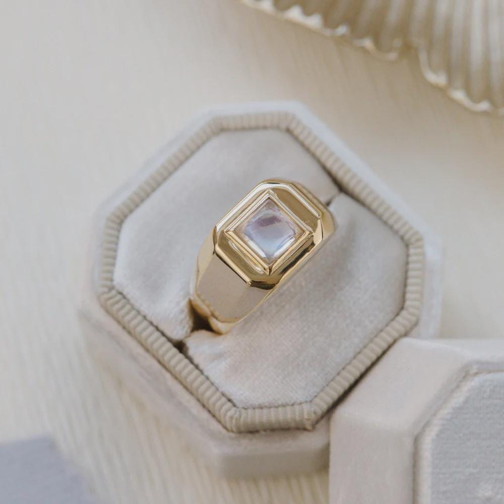 Square Cut Moonstone Signet Ring Silver Wide Band | Anima jewels