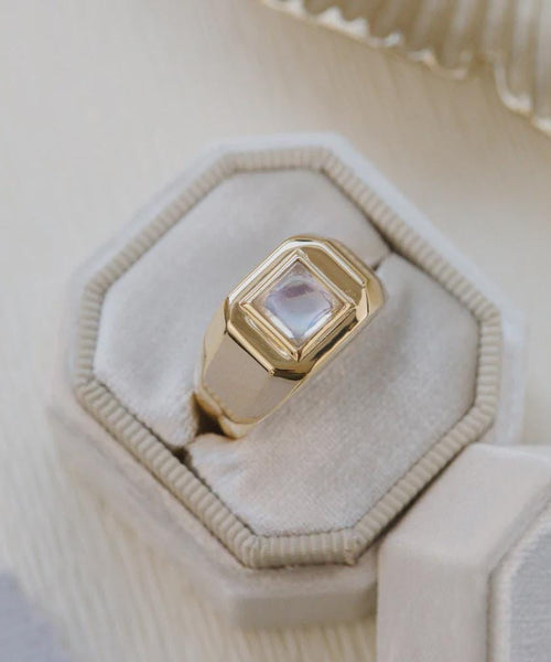 Square Cut Moonstone Signet Ring Silver Wide Band | Anima jewels