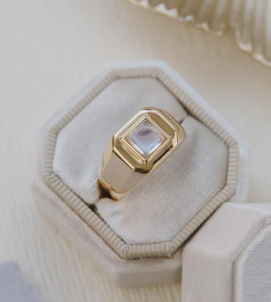 Square Cut Moonstone Signet Ring Silver Wide Band | Anima jewels