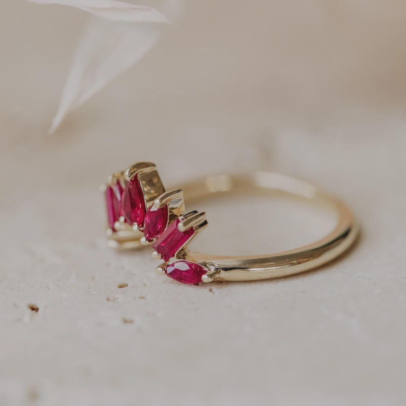 Ruby Curved Wedding Band Silver Leaf Stacking Ring | Anima jewels