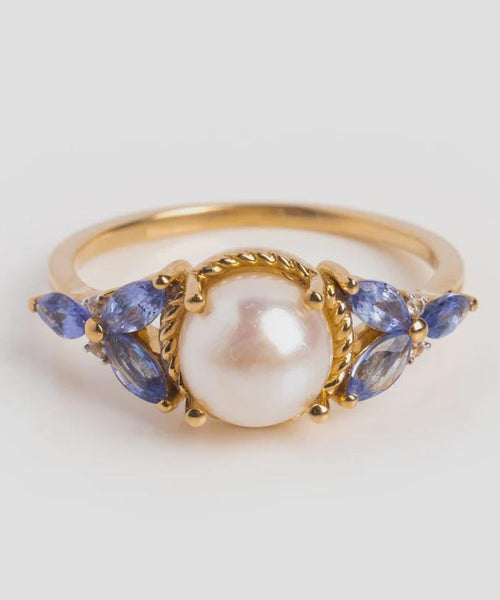 Vintage Inspired Pearl and Tanzanite Silver Statement Ring | Anima jewels