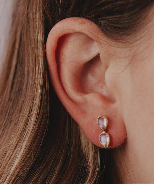Duo Pear Natural Moonstone Stud Earrings in Solid 14k Gold | Anima Jewels