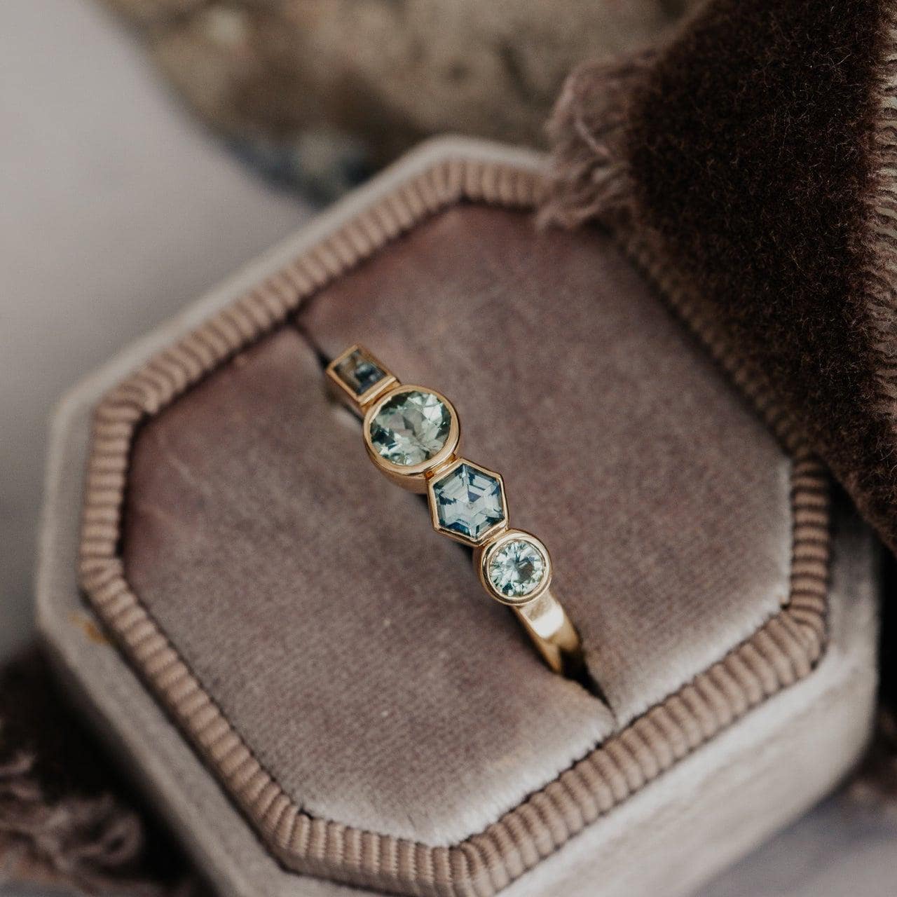 Geometric Hexagon Montana Sapphire Silver Engagement Ring | Anima jewels