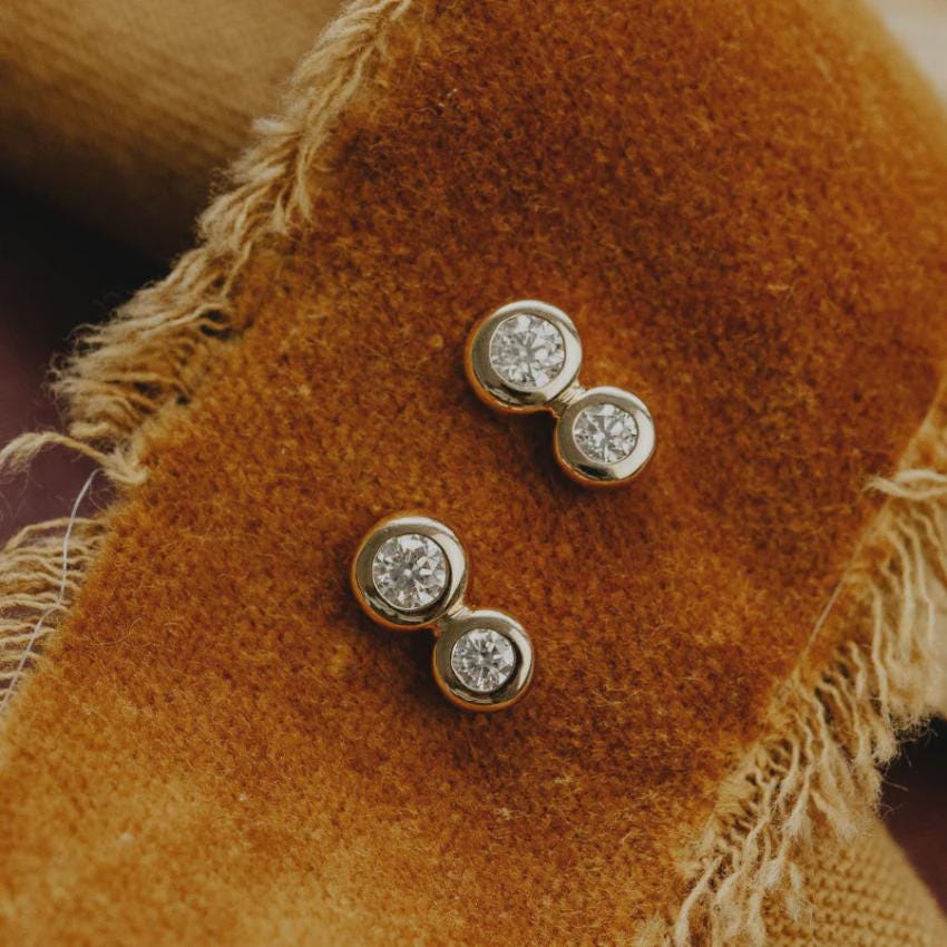 Duo Bezel Round Diamond Stud Earrings in Solid 14k Gold | Anima Jewels