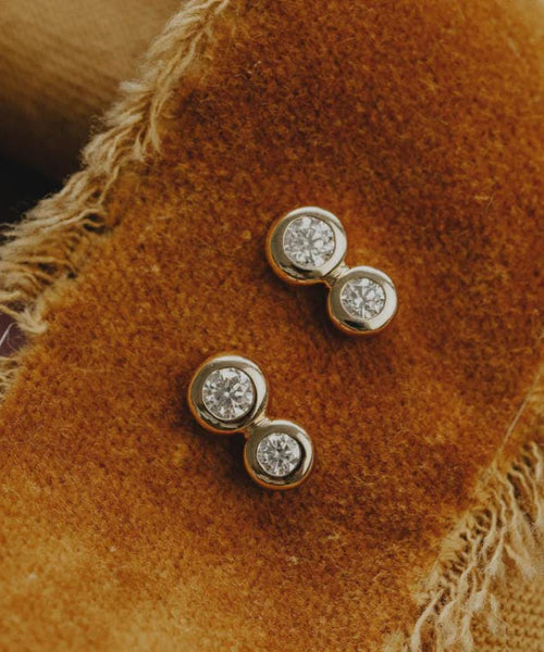 Duo Bezel Round Diamond Stud Earrings in Solid 14k Gold | Anima Jewels