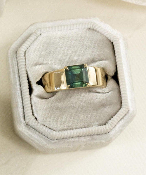 The Montana Heirloom: Emerald-Cut Teal Sapphire Ring in Bold Gold Band