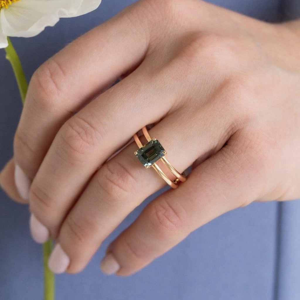 Montana Sapphire Emerald Cut Ring 14k Gold Double Band | Anima jewels