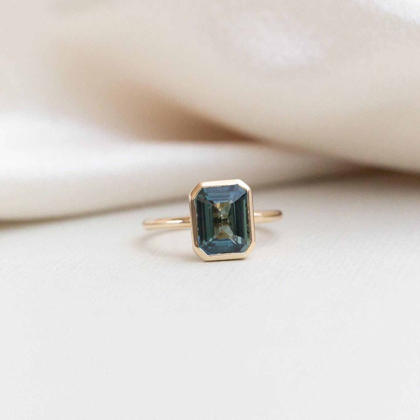 Emerald Cut Montana Sapphire Solitaire Silver Engagement Ring | Anima jewels