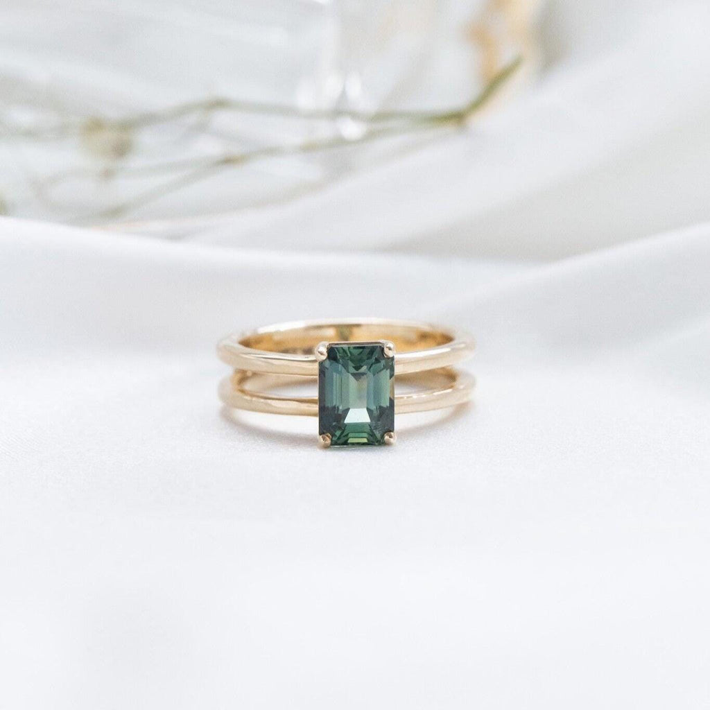 Montana Sapphire Emerald Cut Ring 14k Gold Double Band | Anima jewels