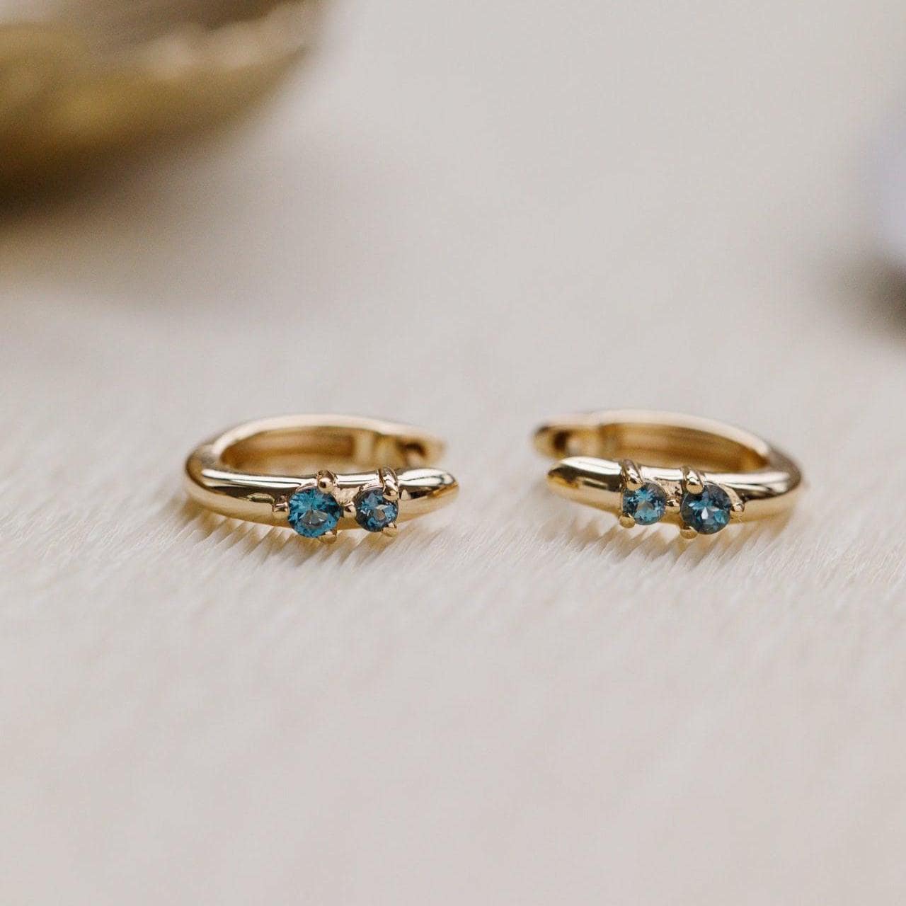 London Blue Topaz Duo Huggie Hoops in 14k Gold Plated Silver | Anima Jewels