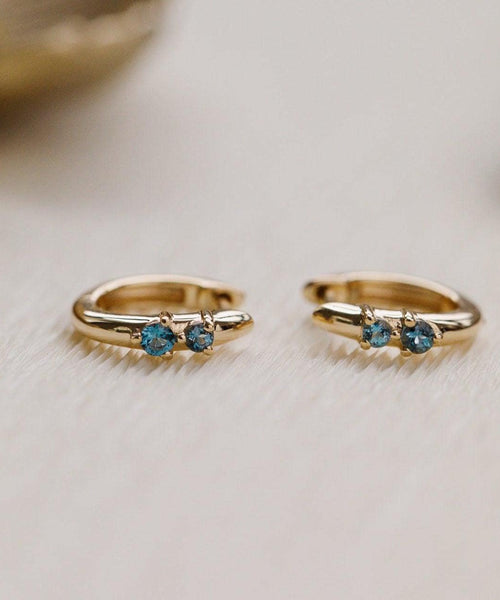 London Blue Topaz Duo Huggie Hoops in 14k Gold Plated Silver | Anima Jewels