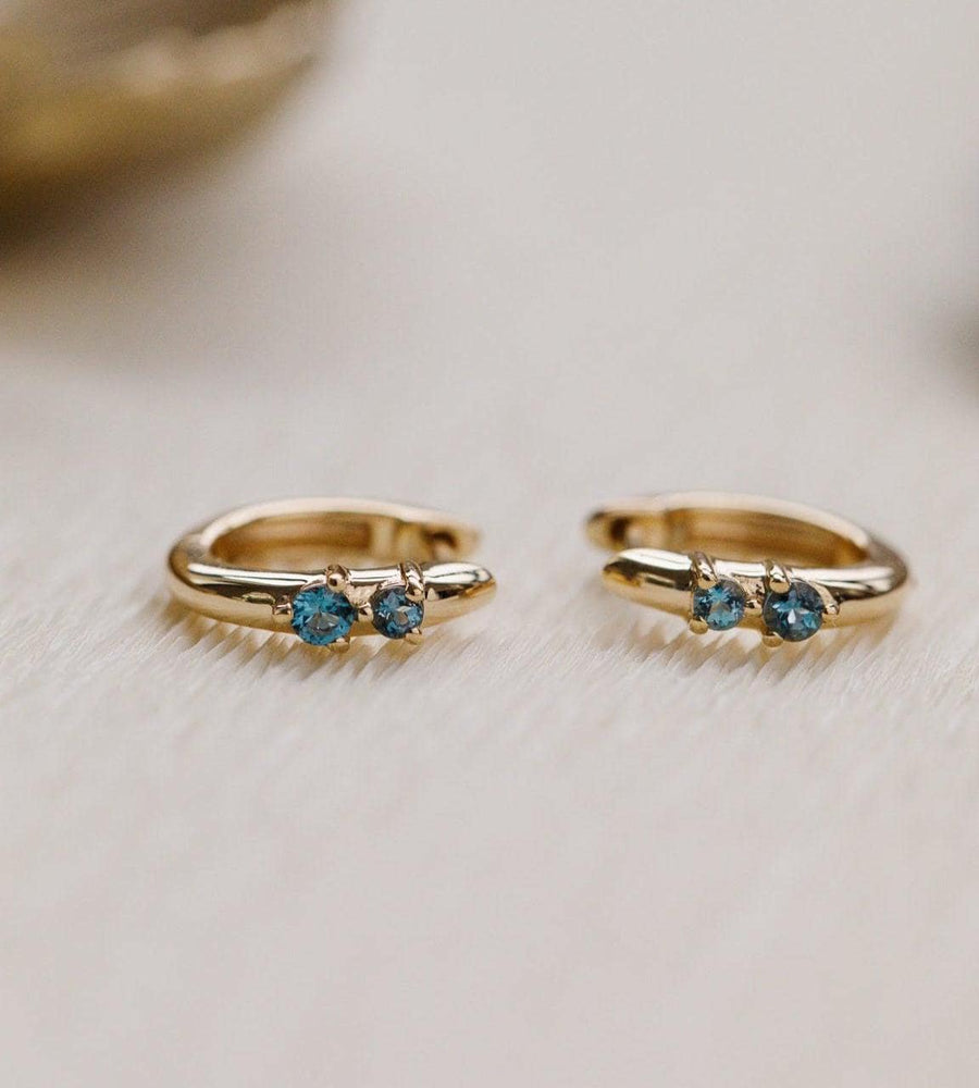 London Blue Topaz Duo Huggie Hoops in 14k Gold Plated Silver | Anima Jewels