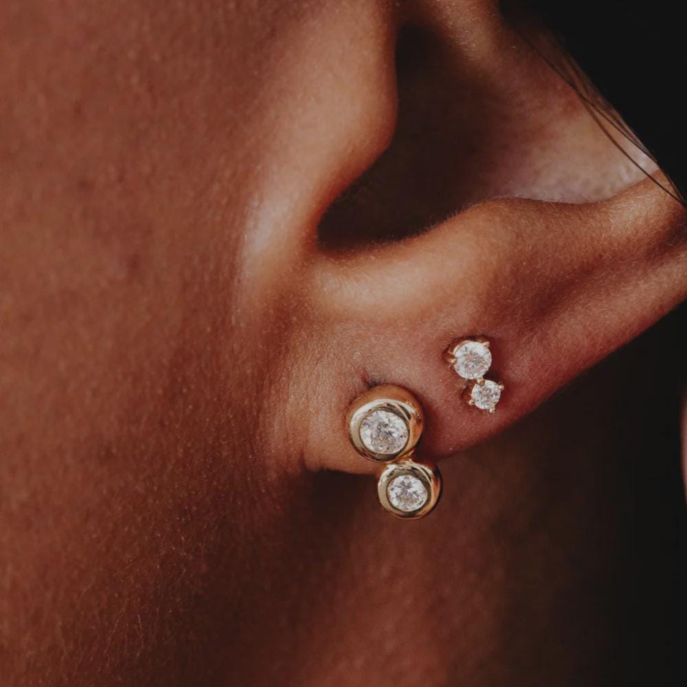 Duo Bezel Round Diamond Stud Earrings in Solid 14k Gold | Anima Jewels