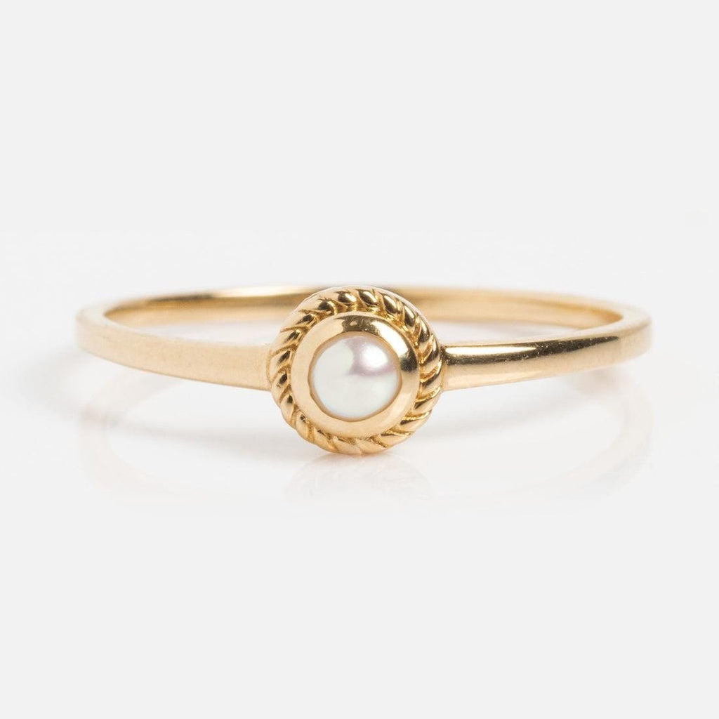 Dainty Pearl Ring | Twisted Bezel Sterling Silver Stacking Band | Anima jewels