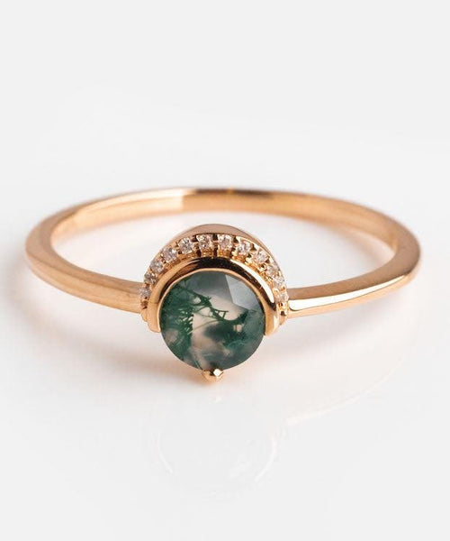 Moss Agate Ring with Diamond Accents | 925 Sterling Silver Engagement Ring | Anima