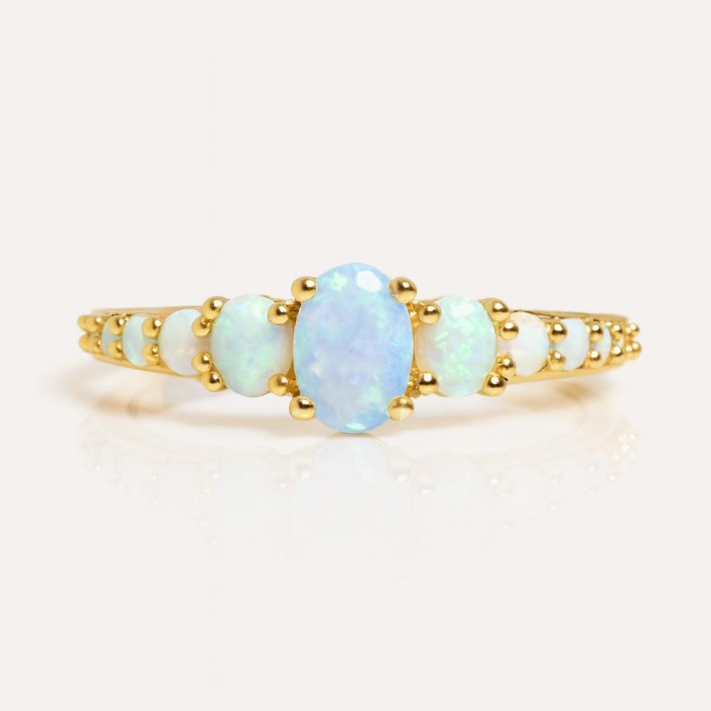 Vintage Oval Opal Engagement Ring | 925 Sterling Silver Halo Band | Anima jewels