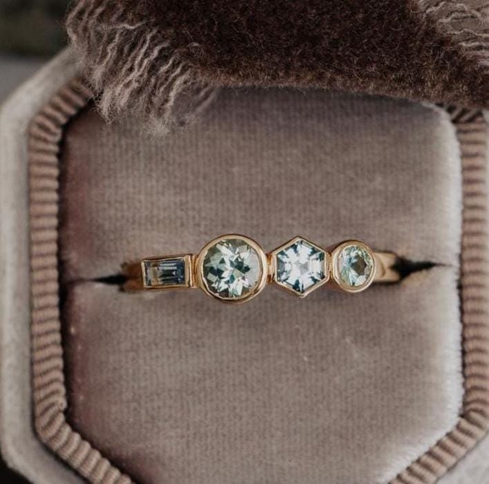 Geometric Hexagon Montana Sapphire Silver Engagement Ring | Anima jewels