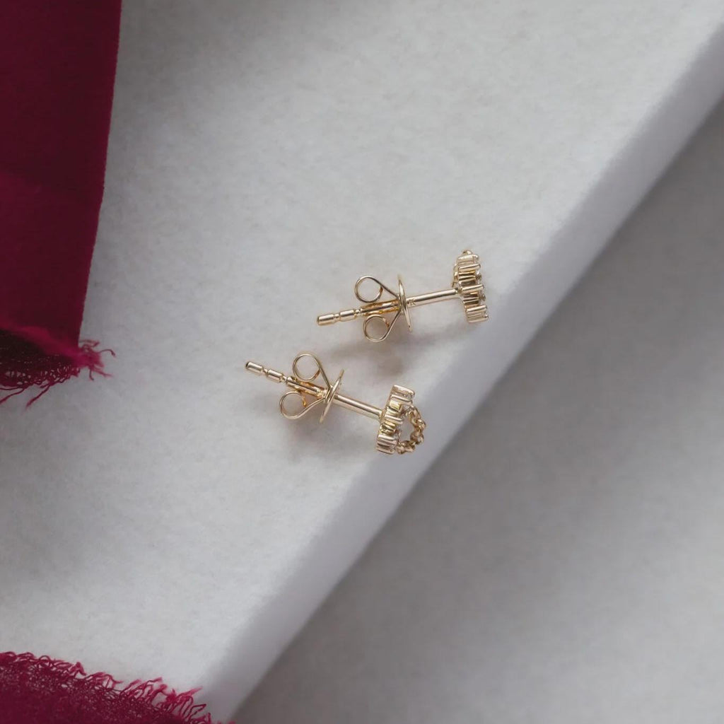 Diamond Cluster Chain Earrings, Solid 14k Gold Dainty Studs with Chain, Minimalist Diamond Earrings Three Stone Stacking Studs Gift for Her