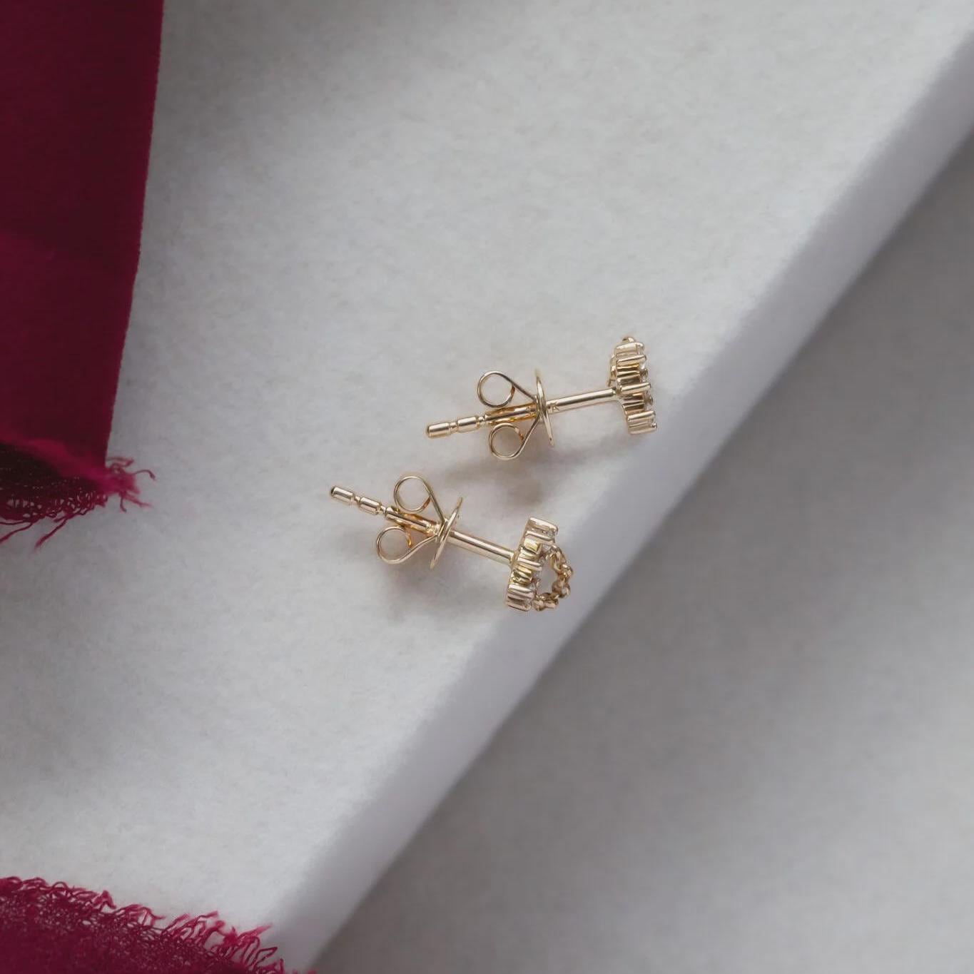 Diamond Cluster Chain Earrings, Solid 14k Gold Dainty Studs with Chain, Minimalist Diamond Earrings Three Stone Stacking Studs Gift for Her