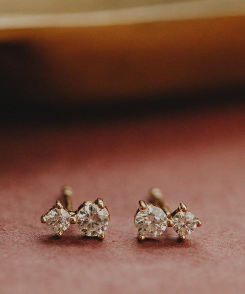 Duo Prong Round Diamond Stud Earrings in Solid 14k Gold | Anima Jewels