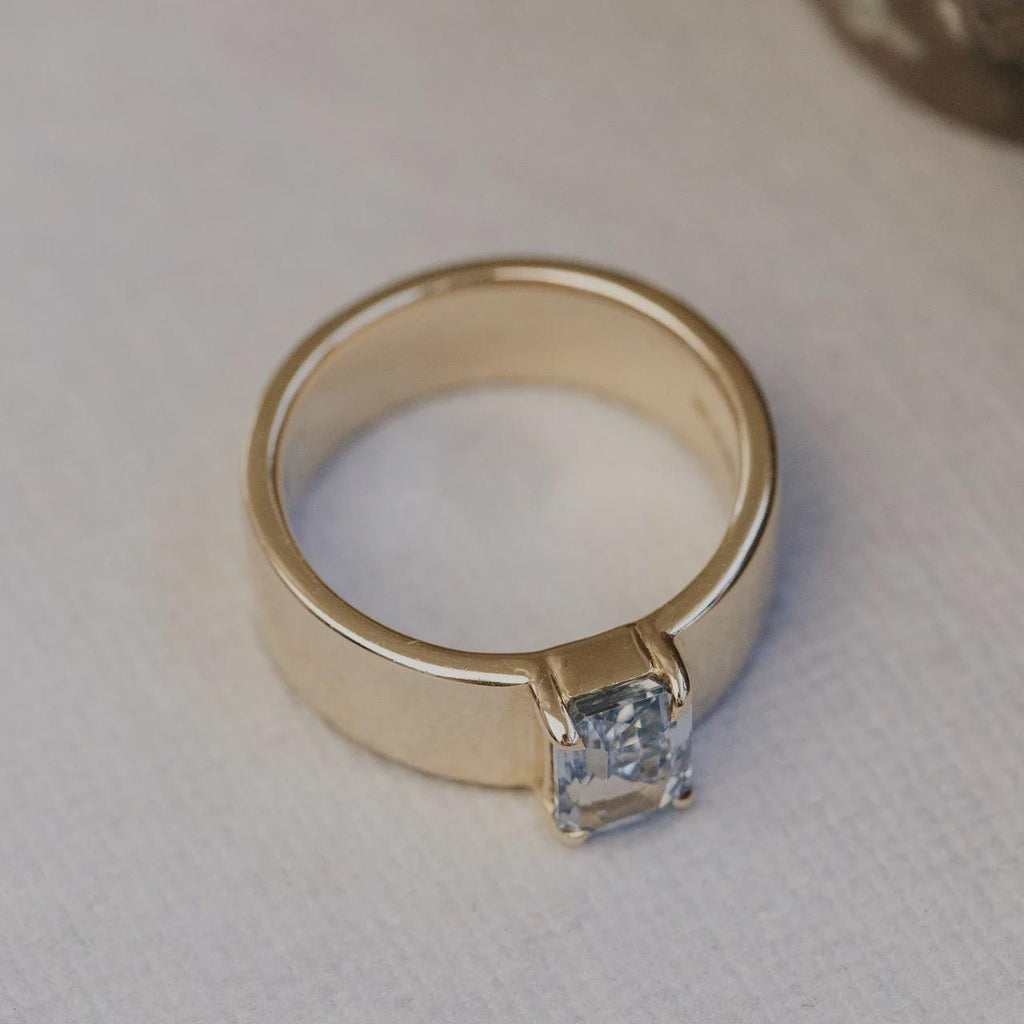 Emerald Cut Aquamarine Cigar Band Silver Statement Ring | Anima jewels