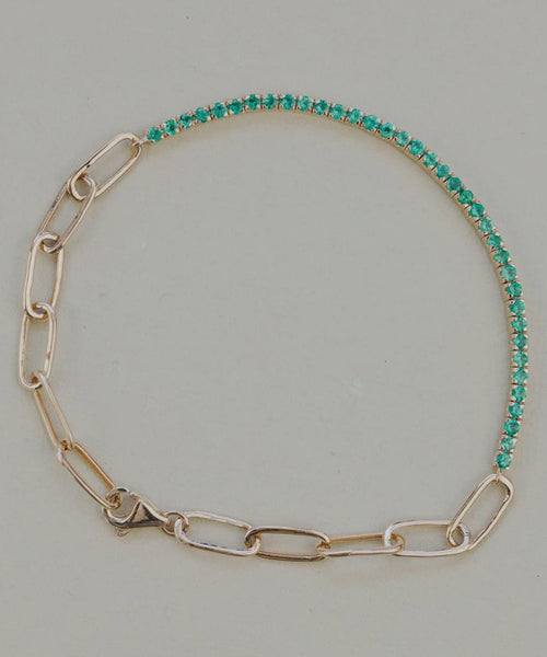 Emerald Tennis and Paperclip Mixed Link Bracelet in 14k Gold Plated Silver | Anima Jewels