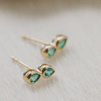 Emerald Duo Pear Stud Earrings, Solid 14k Gold Two Stone Piercing, Minimalist Pear Cut Emerald Earrings for Women, May Birthstone Gift