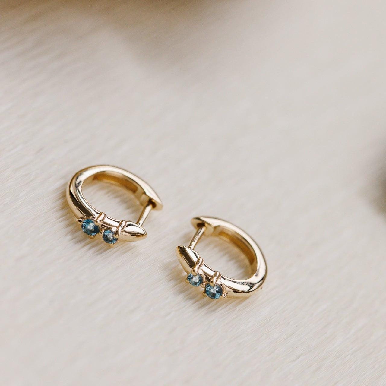 London Blue Topaz Duo Huggie Hoops in 14k Gold Plated Silver | Anima Jewels