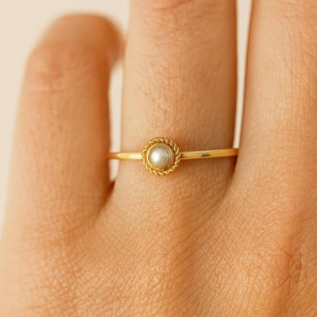 Dainty Pearl Ring | Twisted Bezel Sterling Silver Stacking Band | Anima jewels