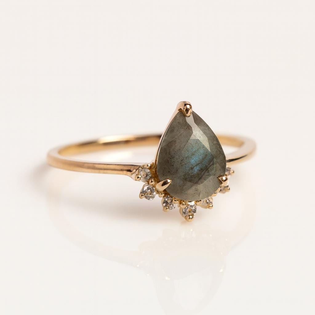 Pear Labradorite Drop Ring | 925 Sterling Silver Boho Engagement Band | Anima jewels